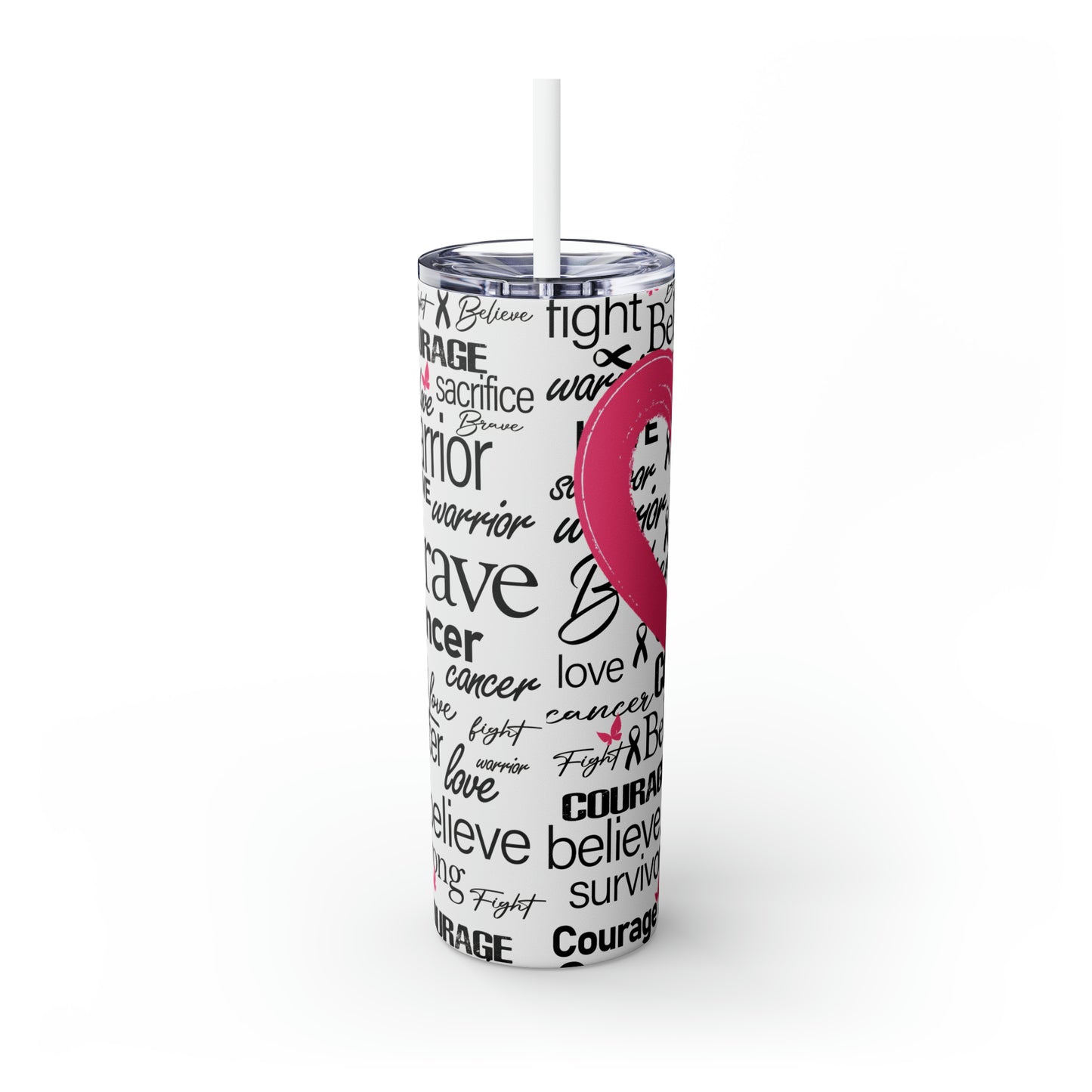 Breast Cancer Awareness | Pink Ribbon Skinny Tumbler with Plastic Straw | 20oz