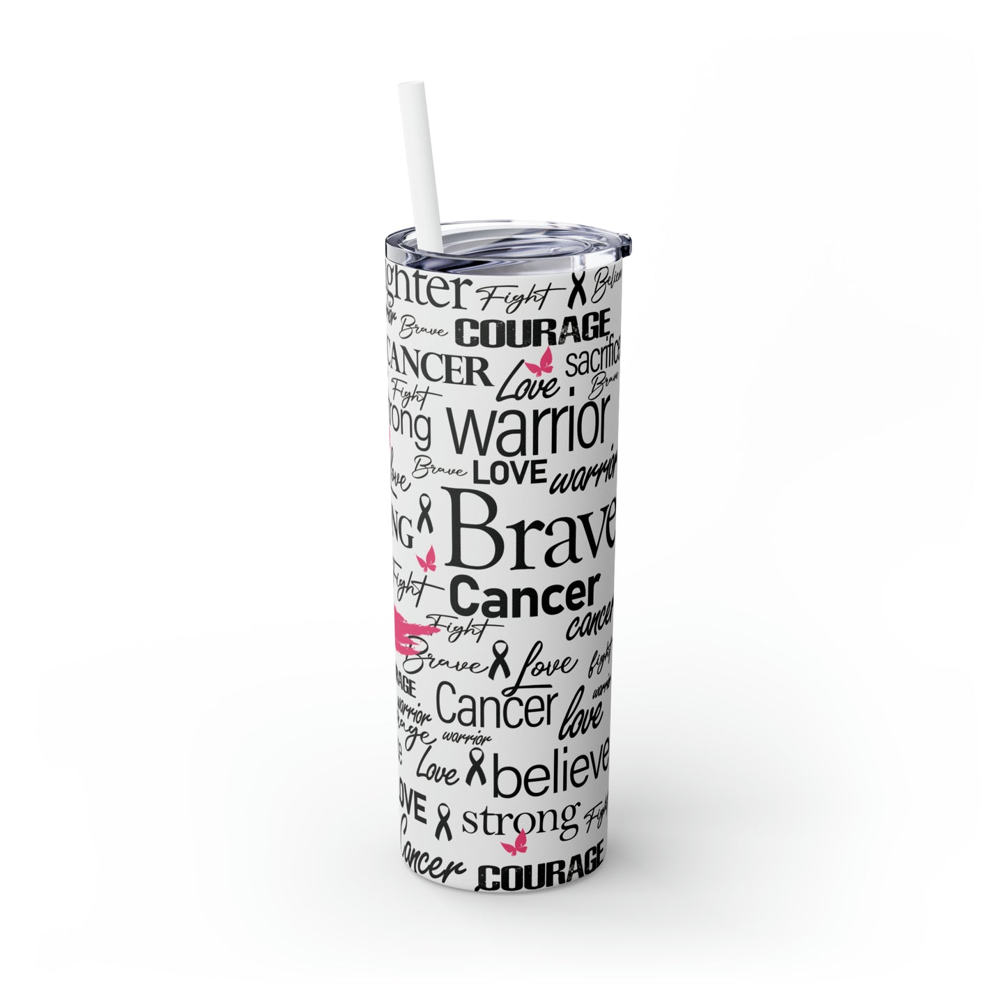 Breast Cancer Awareness | Pink Ribbon Skinny Tumbler with Plastic Straw | 20oz