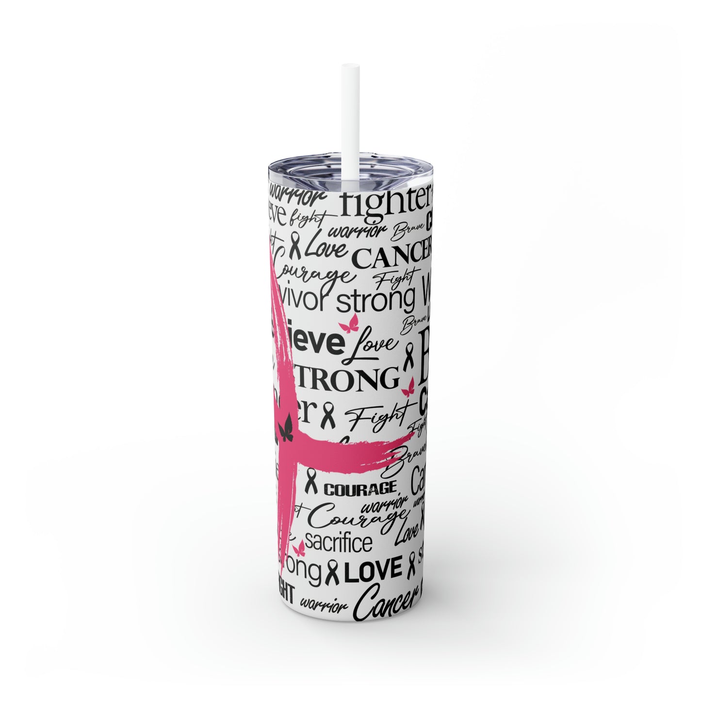 Breast Cancer Awareness | Pink Ribbon Skinny Tumbler with Plastic Straw | 20oz