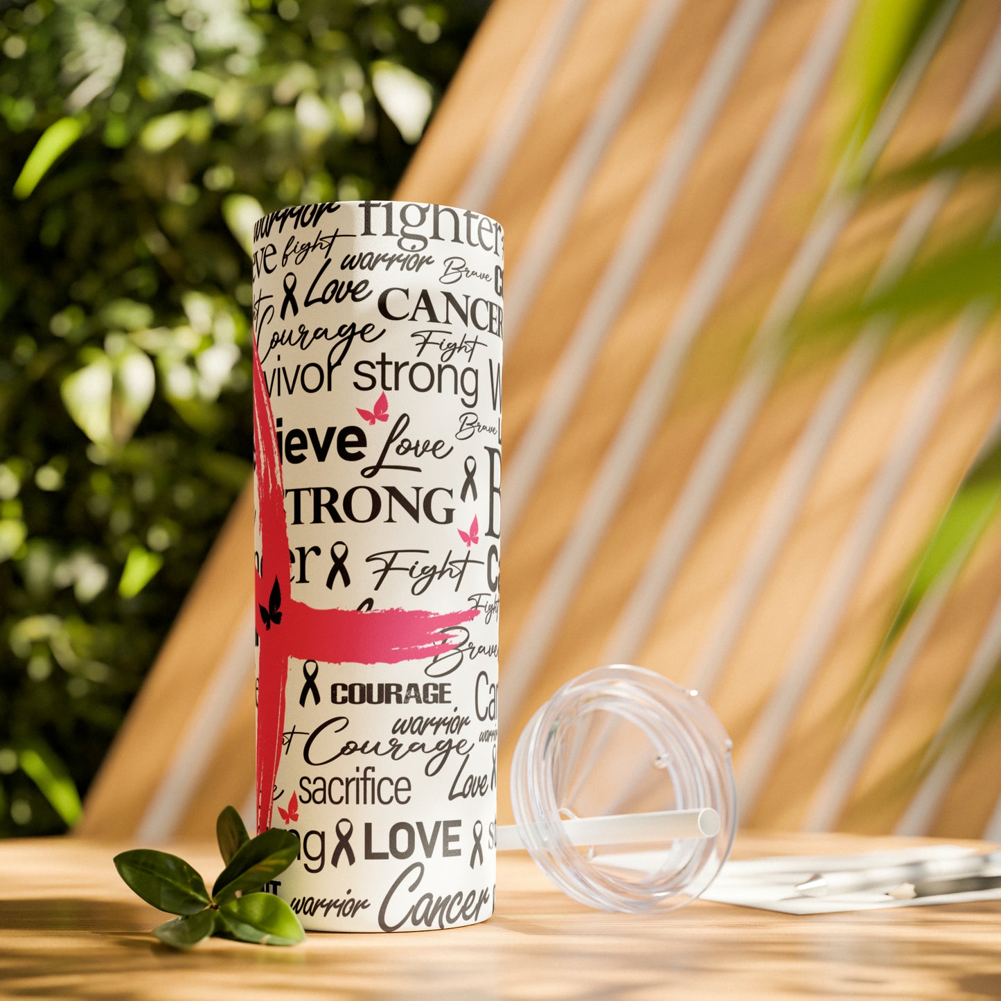 Breast Cancer Awareness | Pink Ribbon Skinny Tumbler with Plastic Straw | 20oz