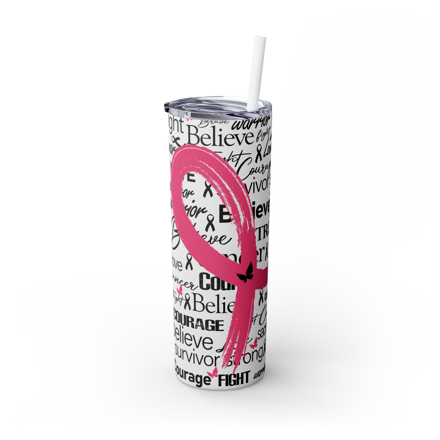 Breast Cancer Awareness | Pink Ribbon Skinny Tumbler with Plastic Straw | 20oz