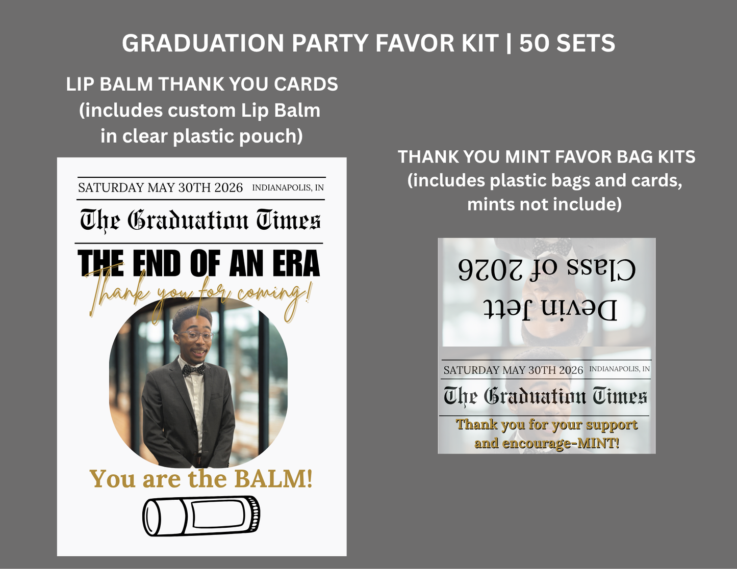 Graduation Party Favor Kit (50 Sets) | Custom Photo Thank You Cards | Lip Balm Favors + Mint Bag Kits