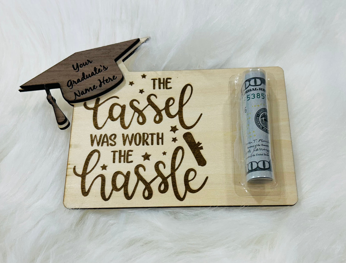Graduation Essentials Bundle | Custom T-Shirt, Diploma Pillow & Wooden Money Holder | Personalized Grad Gift Set