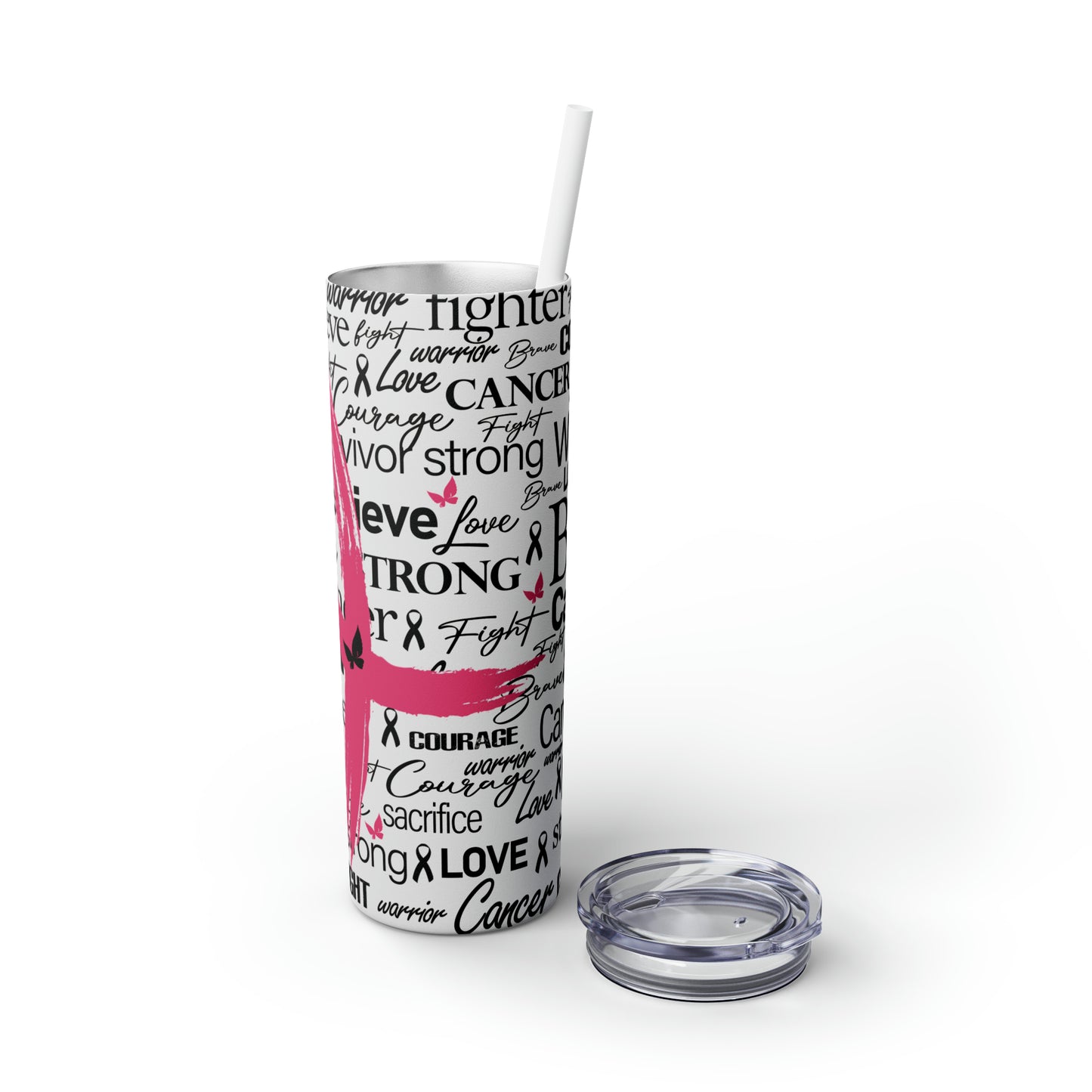 Breast Cancer Awareness | Pink Ribbon Skinny Tumbler with Plastic Straw | 20oz