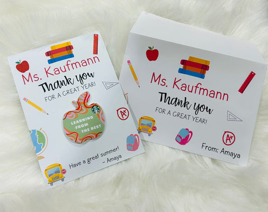 Teacher Appreciation Gift Card Holder | Personalized Thank You Card with Envelope | End of Year Teacher Gift
