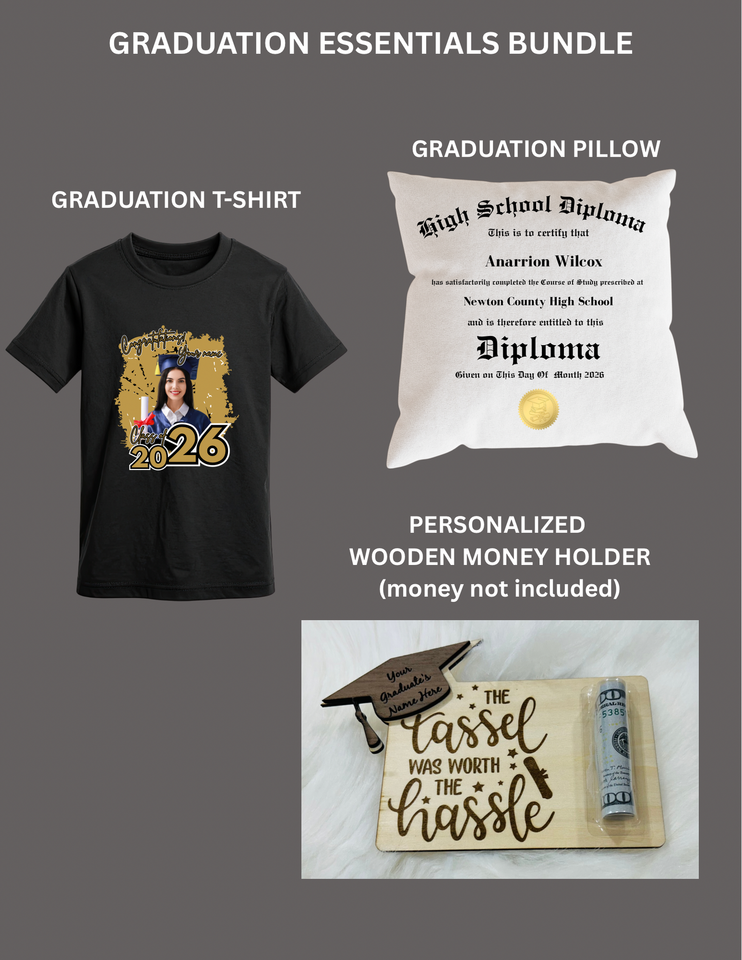Graduation Essentials Bundle | Custom T-Shirt, Diploma Pillow & Wooden Money Holder | Personalized Grad Gift Set