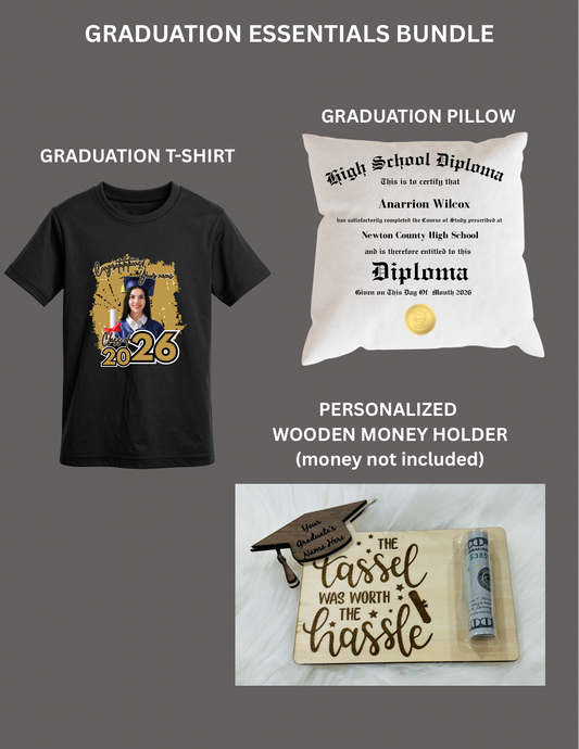Graduation Essentials Bundle | Custom T-Shirt, Diploma Pillow & Wooden Money Holder | Personalized Grad Gift Set