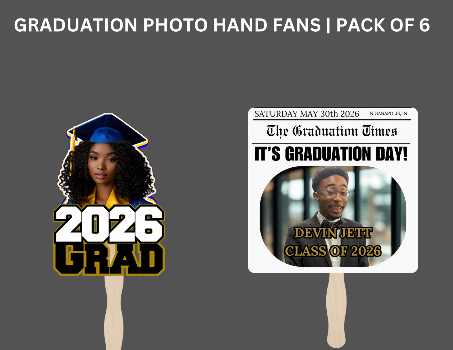 Personalized Graduation Photo Fans Set of 6 | Custom Name Graduation Fans | Class of 2026 Party Fans